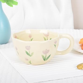Cute Coffee Mug, Ceramic Tea Mugs, Handmade Irregular Coffee Cup, Purple Tulip Flower Mug with Spoon, Aesthetic Mugs for Milk Cocoa, Mother’s Day Gift for Mom Women Christmas 250ml (Purple)