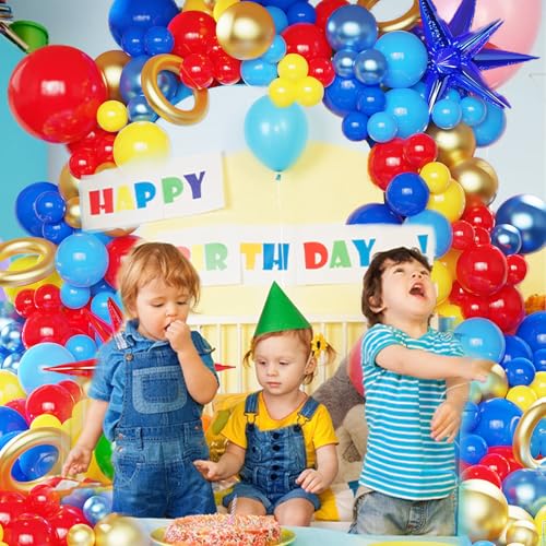 Image of 142 Pcs Red Blue Yellow Cartoon Hedgehog Balloon Arch Kit,Gold Circle Twisting Balloons with Exploding Star Foil Balloons for Video Game Theme Birthday Party Carnival Circus Baby Shower Decorations