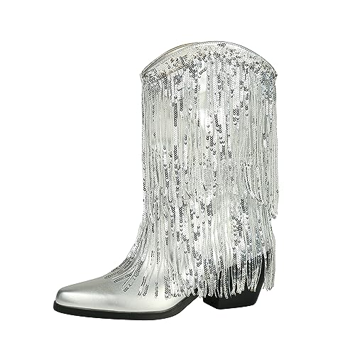 HiColor women's leather-like thick-heeled western pointed booties Black tassels & sequins decorated fashionable boots