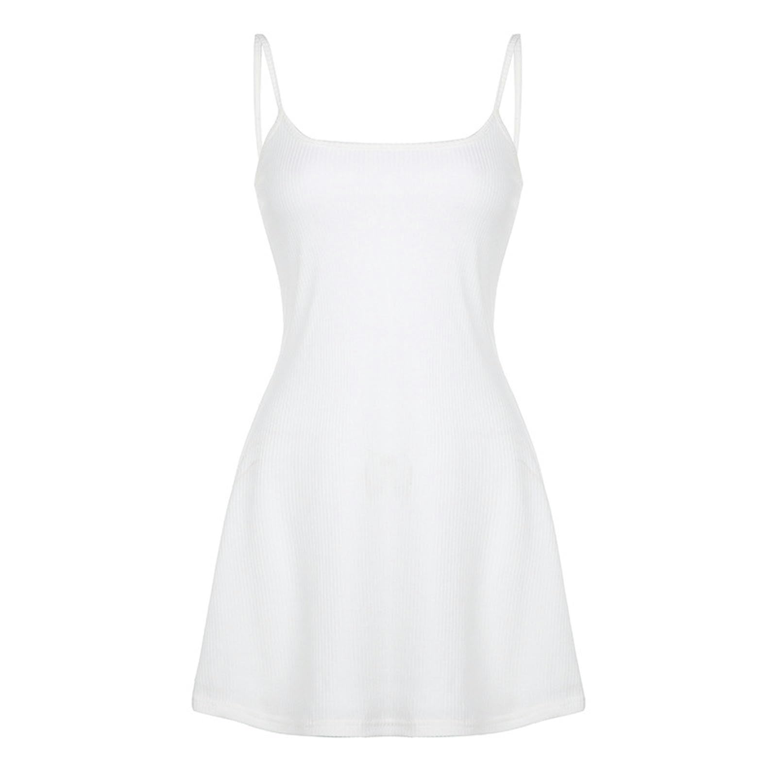 Falda con Tirantes de Punto Ligero para niña Falda con Cuello en U Estilo Vacaciones Verano-Blanco-S