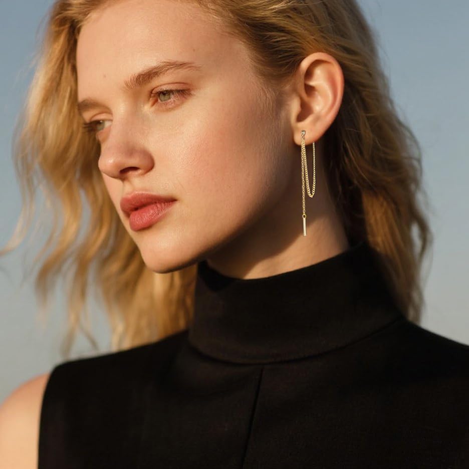 SLUYNZ Solid 925 Sterling Silver Bar Dangle Earrings for Women Minimalist Dangle Earrings Threader Chain - Image 2