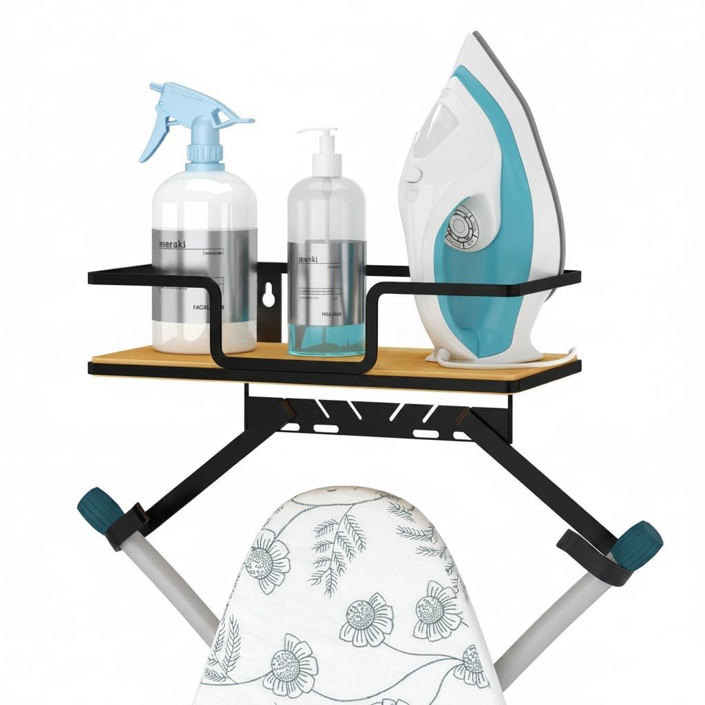 efluky Ironing Board Hanger with Removable Hooks, Ironing Board Holder Wall Mount for T/Y Type, 12.59" L x 5.9" W x 2.36" H, Black