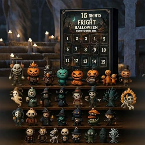 31 Nights of Fright - Caja de cuenta regresiva de Halloween con figuras, calendario de Adviento de Halloween 2025, caja de regalo, mini decoraciones y dijes colgantes, figuras de terror coleccionables