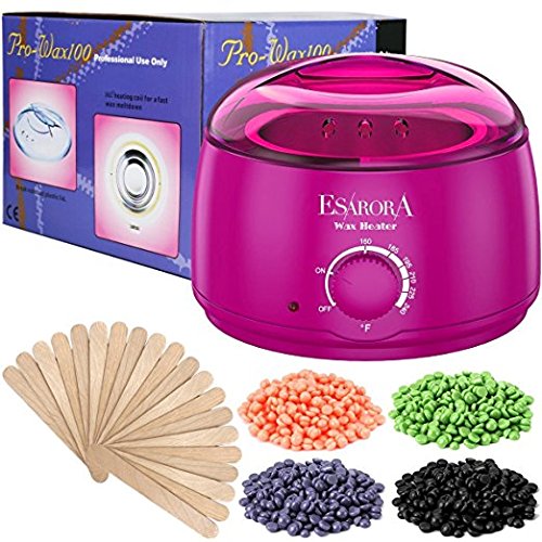 Wax Warmer, ESARORA Hair Removal Waxing Kit Electric Hot Wax Warmer With 4 Different Flavors Hard Wax Beans Wax Applicator Sticks 20 Pieces Perfect for Home Waxing Spa for Face Arm Armpits Legs Bikini
