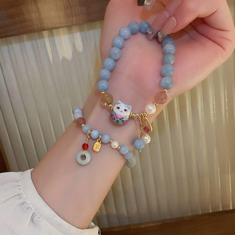 DATOA Cute Lucky Cat Blue Crystal Beaded Bracelet for Women Simple Cat Animal Charm Bracelet Good Luck Protection Money Attraction Jewelry - Image 4
