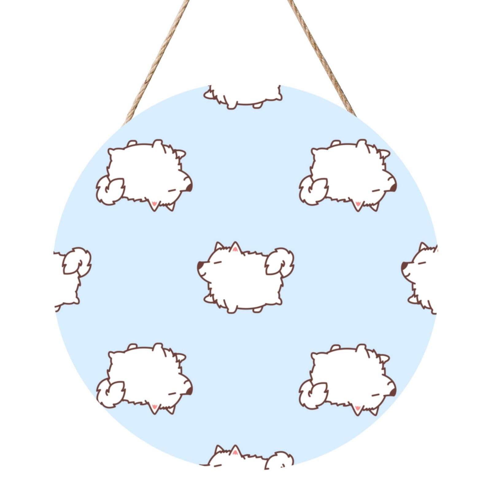 InOmak Cute Samoyed Dogs Walking Pattern, Round Wood Panel Painting 12 in, Wall Hanging Painting For Home