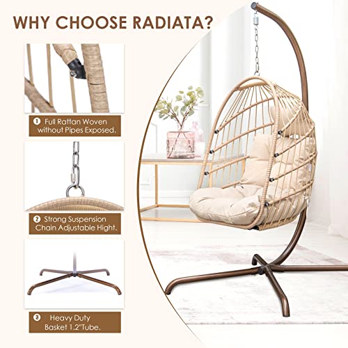 Radiata Foldable Wicker Rattan Hanging Egg Chair With Stand, Swing Chair With Cushion And Pillow, Lounging Chair For Indoor Outdoor Bedroom Patio Garden (Beige With Stand) #TOP1