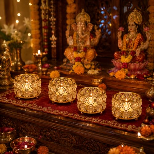 Image of Easyera Beautiful Lotus Tealight Holder Candle Stand Metal Home Decoration Festival Occasions Diwali (Not Include Glass Candle) Golden Pack ((Golden) Mini Lotus 4 /Crystal Holder 4)
