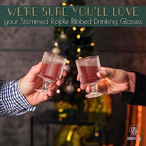 Greenline Goods Stemmed Ripple Ribbed Drinking Glasses - 10 Oz Art Deco Set Of 4 Origami Style Modern Kitchen Glassware Set Unique Highball Ribbed Fluted Vintage Cups Weddings, Cocktails Or Modern Bar #TOP5