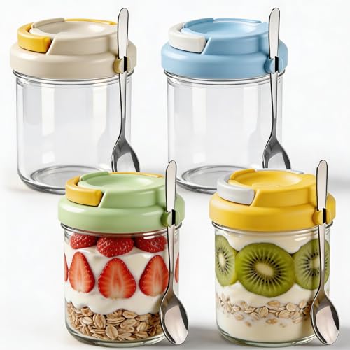 NBOUOU 4 Pack Glass Overnight Oats Jars - Reusable Meal Prep Containers with Lids and Spoons for Cereal, Milk, Vegetables, Fruits, and Salads