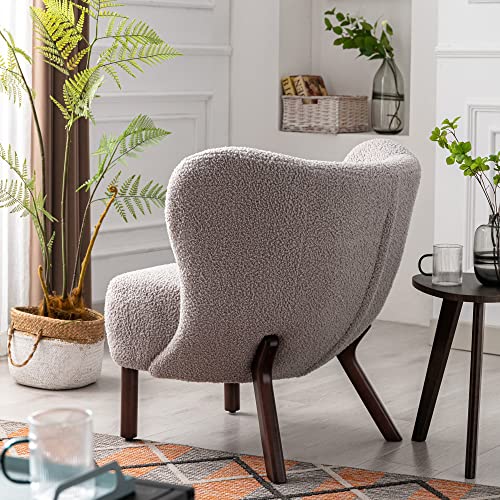 Merax Modern Comfy Wood Accent Chair Lambskin Sherpa Wingback Tufted Armchair For Living Room Bedroom Office, Set Of 1, Warm Grey #TOP3