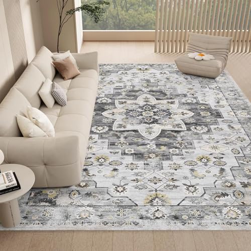 Tapis lavable en machine gris 150x180 décor vintage bohème chic - 2