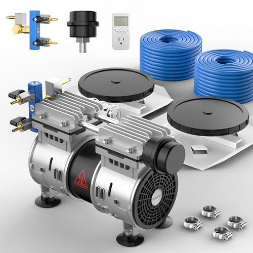 AZZUNO 8.2 CFM Pond & Lake Aeration System for Up to 3 Acre 50' Lake，Includes 3/4 HP Compressor & 2 100' Tubings & 2 Diffusers, Air Compressor for Deep Water Oxygen Circulation