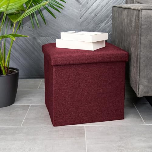 Siège en cube repose-pieds et coffre de rangement pliable tissu rouge - 7
