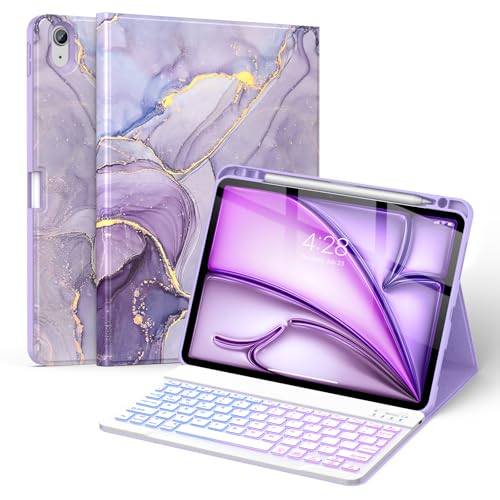 Soke Keyboard Case for iPad Air 11 inch M3/M2(2025/2024) & Air 5th/4th Generation-7 Color Backlit Detachable Keyboard,Folio Cover with Pencil Holder for iPad Air 11/Air 5/Air 4 Gen, Violet Marble