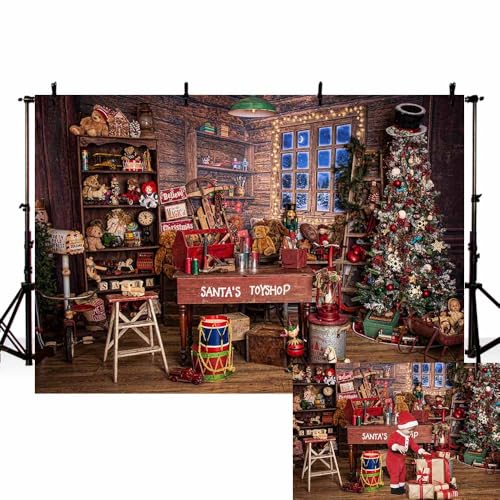 MEHOFOND 7x5ft Christmas Backdrop Santa's Toyshop Photography Background Vintage Rustic Wooden House Winter Night Cottage Gift Xmas Tree Family Holiday Party Decoration Portrait Photo Studio