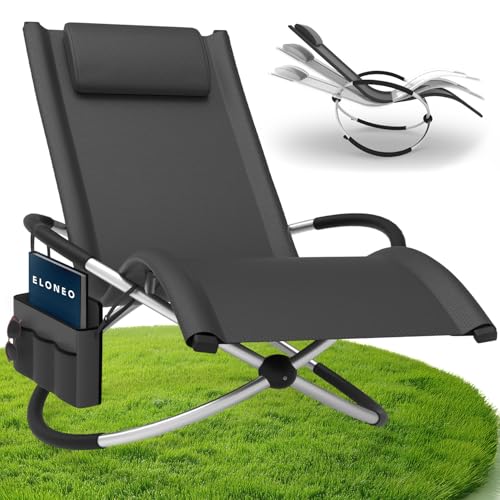ELONEO Chaise Longue à Bascule Extérieure avec Pochette, Relax Fauteuil Jusqu’à 180 kg, Transat Bascule Jardin Résistant aux Intempéries, Bain de Soleil Balcon et...