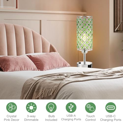 Image of Hong-in Green Crystal Lamp Touch Control Set of 2, Crystal Table Lamps with USB C+A Ports & AC Outlet, 3-Way Dimmable Nightstand Touch Lamp, Modern Bedside Table Lamp for Bedroom(Bulbs Included)