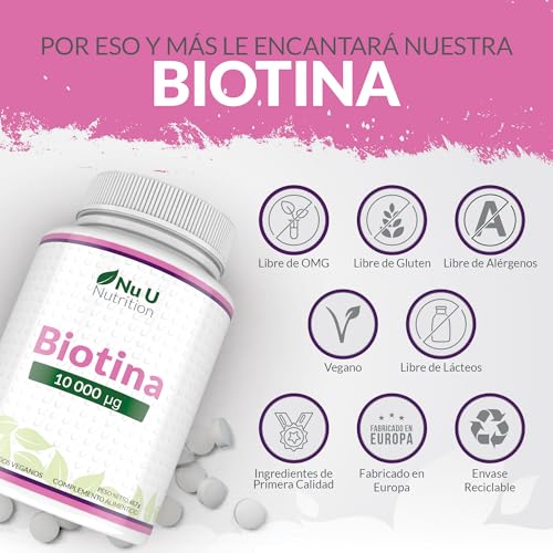 Miniatura 7 de Biotina para el Cabello 10,000 mcg - 365 Comprimidos Veganos - 1 Año de Suministro - Vitamina B7 para Mujer y Hombre - Biotina para Piel, Uñas y Barba - Nu U Nutrition
