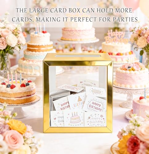 Image of SietDESEO Gold Card Box for Party with Clear Window Large Gift Card Box Holder for Wedding Reception Birthday Graduation Baby Shower Raffle Ticket Box