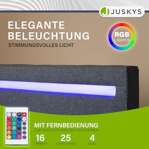 4. Bild von Juskys Polsterbett Verona 90x200 cm grau mit Matratze - Einzelbett + LED-Beleuchtung, Lattenrost & Kopfteil - Bett aus Holzgestell & Stoff-Bezug 90x200 cm