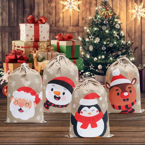 Irich Confezione da 4 Sacchetti Regalo Natalizi, Sacchetti Regalo Natalizi 35 x 50 cm, Sacchetti di Babbo Natale in Juta, Sacchetti in Juta con Coulisse per Natale, Matrimoni