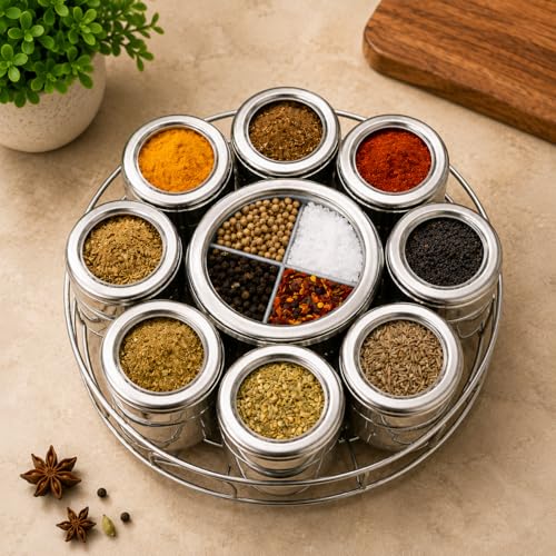Image of STEEPLE 12 in 1 Stainless Steel Masala Box with Stand | Masala Dabba for Kitchen Storage | Spice Container with 8 Containers + 4 Section Middle Container | Steel Spice Box (22cm Diameter)