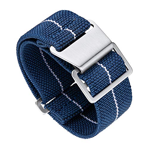 BINLUN Bracelets de Montre Élastique Nylon NATO Bracelet Montre en Tissu Remplacement avec Crochet Boucle Argenté Homme Femme(Bleu-Blanc,20mm) Cover