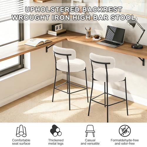 Image of Boucle Bar Stool, 27 inch White Counter Height Barstools with Back and Metal Legs, Upholstered Modern Barstools Chairs for Kitchen Island, Counter, Dining Room