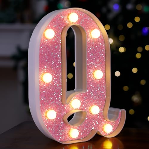Image of LED Letter Lights Pink Glitter Marquee Letters Light Up Alphabet Letters Sign Battery Powered for Home Party Decoration Night Bar Wedding Birthday Christmas Lamp Girls Gift - Letter Q