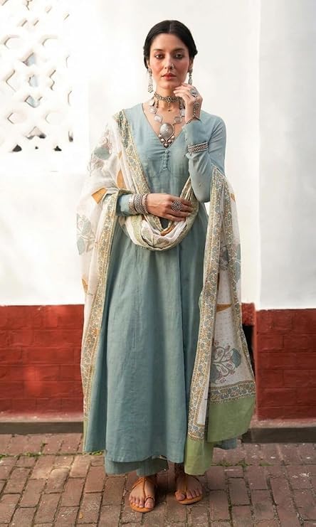 Image of ANNI Designer Viscose Blend Embroidered A-Line Kurta with Palazzo and Dupatta for Women | Viscose Blend Turquoise | Full Sleeve | V-Neck | Ethnic Wear Casual Wear