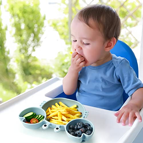 Pandaear 2 Pack Silicone Suction Plate For Baby, Divided Unbreakable Toddler Food Plate With 2 Pack Spoons For Self Feeding, Toddler Utensils Feeding Set Baby Eating Supplies -Crab Blue & Green #TOP2