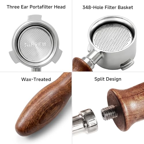 Image of HIBREW 51mm 3 Ear Bottomless Portafilter for H10B Coffee Machine - Stainless Steel with Rosewood Handle - Advanced Espresso Tool for Coffee Enthusiasts