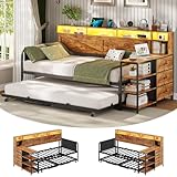 VIAGDO Daybed Twin with Pop Up Trundle, Farmhouse Wooden Day Bed Frame with 3 Storage Drawers and Shelves, Twin to King Daybed with Charging Station and LED Lights for Bedroom, Rustic Brown