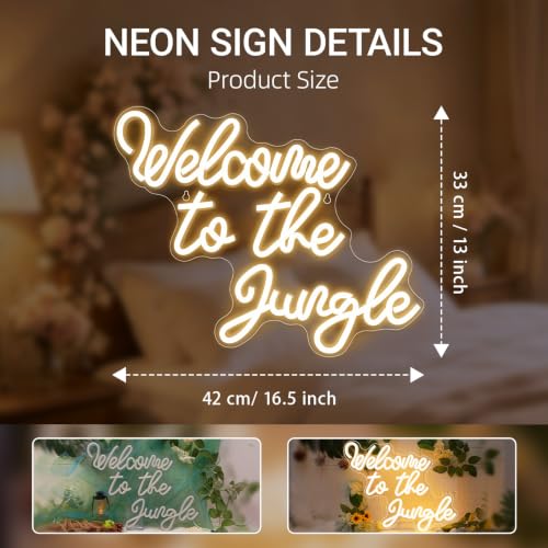 Image of Welcome to the Jungle Neon Sign Warm White Led Word Neon Light Signs for Wall Decor Usb Letter Light Up Sign for Bedroom Nursery Kids Room Garden Home Entryway Front Porch Wedding Birthday | Warm White Neon Sign, Safari Decor for Front Porches and Gardens, Gift for Families and Jungle Theme Fans