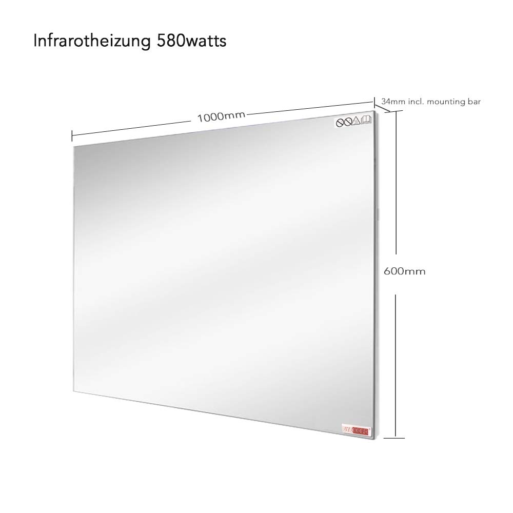 Specchio per riscaldamento a infrarossi, 580 Watt, riscaldamento a specchio, a infrarossi, specchio da bagno, 100 x 60 cm, specchio da bagno, riscaldamento elettrico, piastra di riscaldamento da