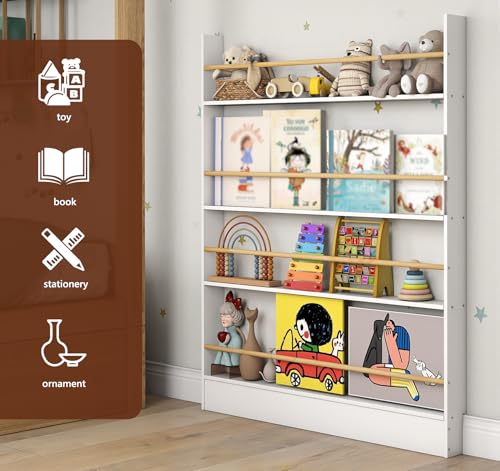 Image of 4 Tier Behind The Door Bookshelf, Space Saving Behind The Door Bookcase Wooden Kids Book Shelf for Bedroom Living Room Study White (120 * 100cm)