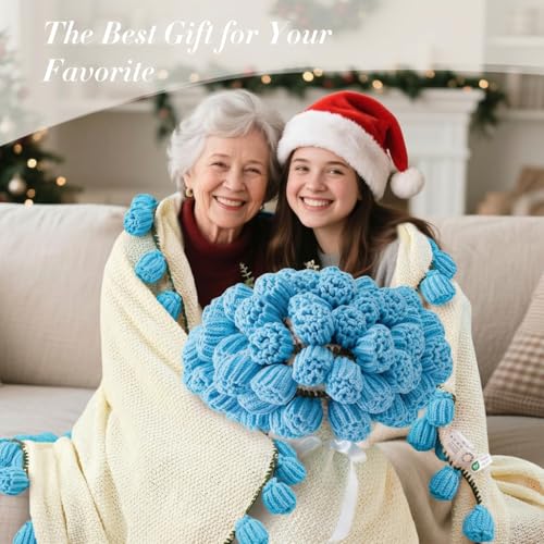 Image of Flower Bouquet Blanket, Soft Knitted Throw Blankets (Blue Roses) | Birthday Gifts for Mom Grandkids Her Wife Girlfriend, Completed Crochet Flower Blanket, Housewarming Gifts for Anniversary
