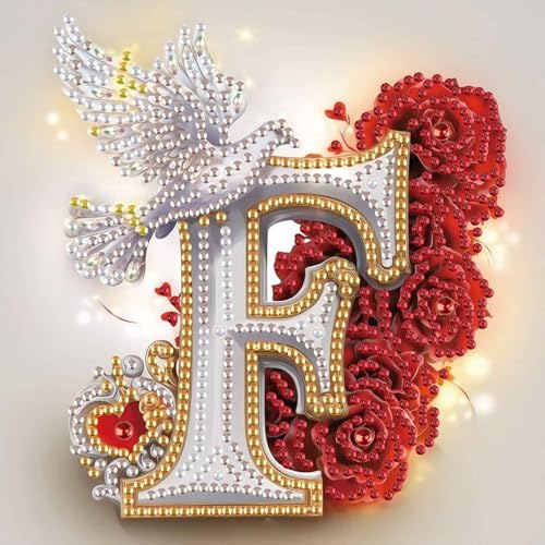 Image of AiYuanzsh 5D Diamond Art Kits for Adults Letter F, Floral Rose & Dove Themed Crystal Rhinestones Diamond Painting, DIY Luxury Initial Diamond Art for Romantic Wall Decor 17x17cm