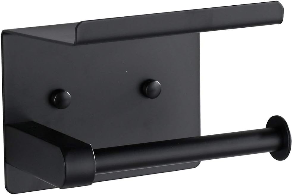 Toilet Paper Holder, Black Matt Toilet Paper Roll Holder with Phone Shelf, 3M Adhesive No Drilling or Wall-Mounted with Screws