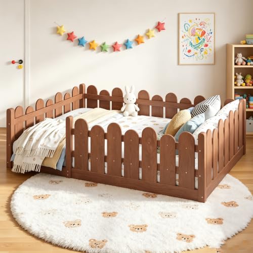 Image of Bellemave Full Size Kids Montessori Floor Bed,Floor Bed Frame with Rounded Safety Guardrail,Solid Wood Montessori Bed for Girls Boys,Brown
