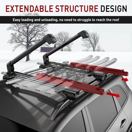Ski & Snowboard Rack for Car Roof, 27.5'' Loading Width Fits 6 Pairs of Skis or 4 Snowboards, Aluminum Roof Rack with Lock & Rubber Padding