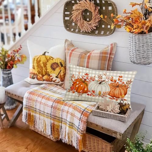 Image of Fall Pillow Cover 12x20 Inch Pumpkin Buffalo Pliad Dots Fall Pillows Maple Leaves Decor Autumn Thanksgiving Decorative Farmhouse Cushion Case for Sofa Couch (Gray)