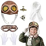 Aviator Goggles, Pilot hat, Vintage Badges, Cotton Scarf, Gloves –7 Pcs Kids Aviator Costume Accessories – Pilot Role Play Dress Up Set Gifts for Career Day, Birthday Party, 1930s Halloween Cosplay