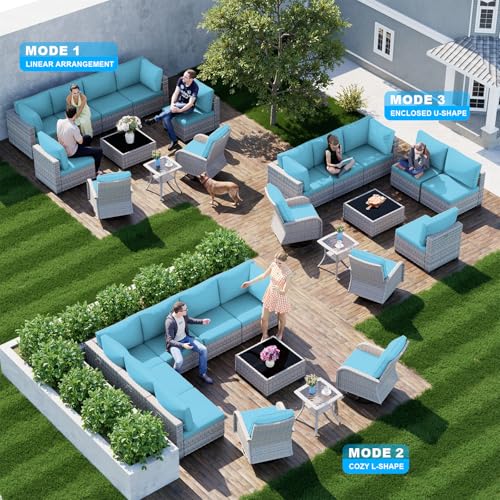 Image of Outdoor PE Wicker Rattan Modular Patio Sectional Sofa Set | 10-Piece: 6 Modular Seats, Coffee Table, 2 Swivel Rocking Chairs & Side Table, Lake Blue