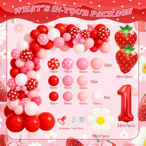 strawberry 1st Birthday Party Decoration Set – Berry 1st Birthday Glitter Banner,Box, Poster, 12 Month Photo Banner, Crown, Cake Toppers, Tablecloth, Backdrop & Strawberry Foil Balloons Complete Kit by Generic - Used condition - Image 6
