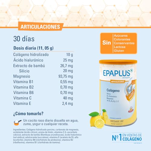EPAPLUS Arthicare, Colágeno Hidrolizado con Silicio y Ácido Hialurónico, Disolución Instant Sabor Limón, Tratamiento 30 Días, 331g - imagen 9