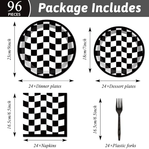 Image of 96PCS Race Car Birthday Party Decorations Black and White Checkered Plates Sports Themed Table Supplies Decorations Racing Dessert Plates Napkins Forks for 24 Guests Racing Car Birthday Party Favors