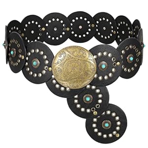 XZQTIVE Western PU Leather Belts for Woman Concho Cowgirl Cowboy Disc Belt for Ladies Wide Boho Country Waist Belts for Dress