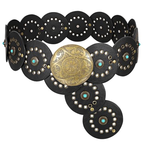 Image of XZQTIVE Western PU Leather Belts for Woman Concho Cowgirl Cowboy Disc Belt for Ladies Wide Boho Country Waist Belts for Dress
